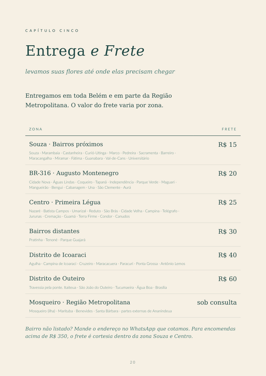 Tabela de frete do PDF